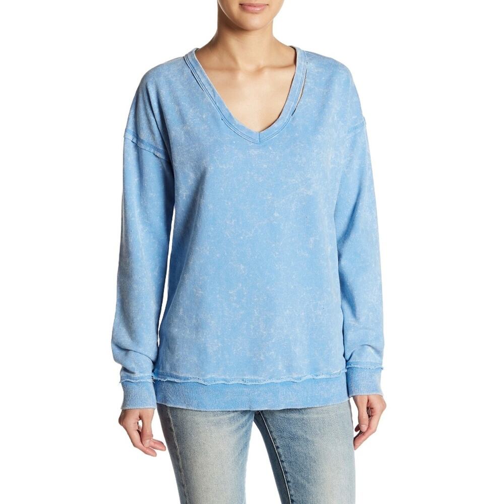 Socialite Slashed V-Neck Sweatshirt | Small | Acid Wash Blue | NWT